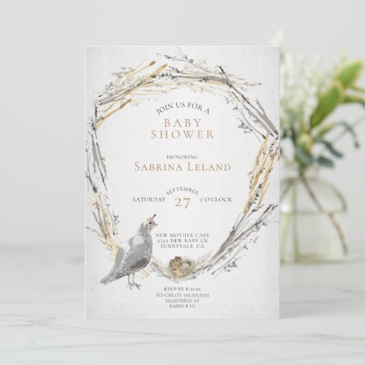 ウズラ素朴とベビーの巣の水の色ベビーシャワー 招待状 (スタンド正面)