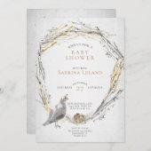 ウズラ素朴とベビーの巣の水の色ベビーシャワー 招待状 (正面/裏面)