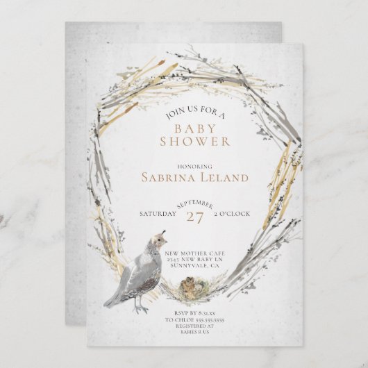 ウズラ素朴とベビーの巣の水の色ベビーシャワー 招待状 (正面/裏面)