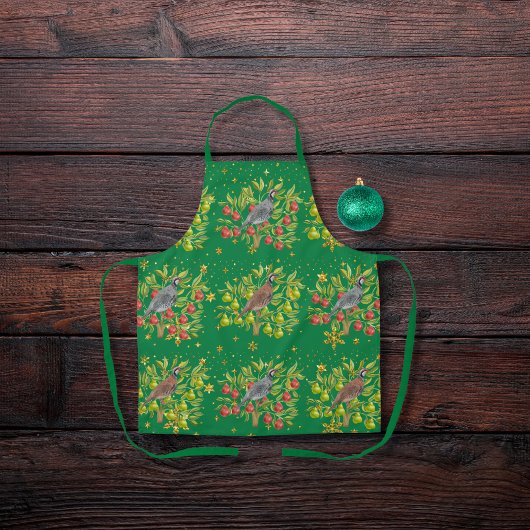 ウズラ、ナシの木、雪片が緑 エプロン