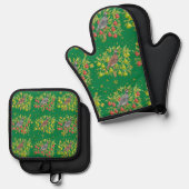 ウズラ、ナシの木、雪片が緑 鍋つかみ&鍋敷きセット (正面/裏面)