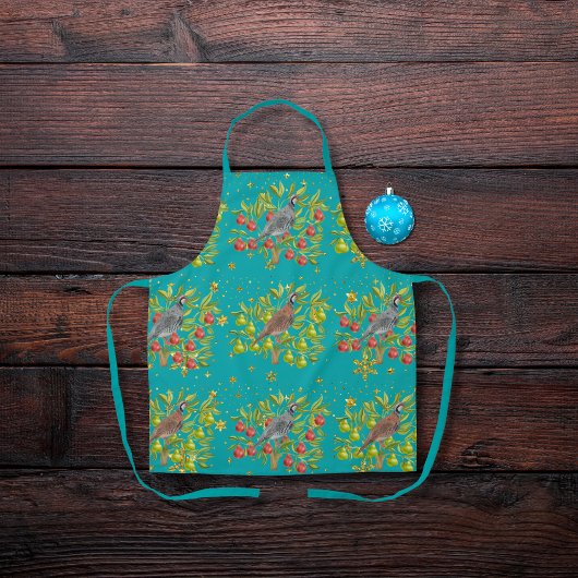 ウズラ、ナシの木、雪片ブルーエプロン エプロン