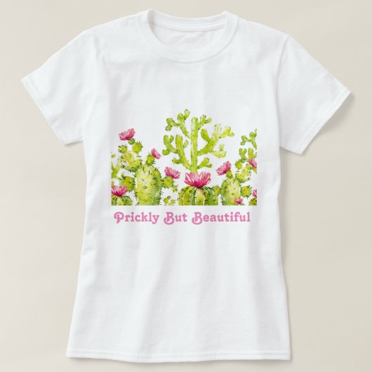 ウチワサボテンと砂漠のバラの女性用ピンクデザイン Tシャツ (デザイン正面)