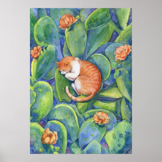 ウチワサボテンの中で眠るオレンジ色の猫の芸術 ポスター (正面)