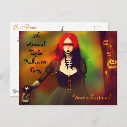 ウッズの恐ろしいゴシック様式の女の子ハローウィンパーティ ポストカード (正面/裏面)