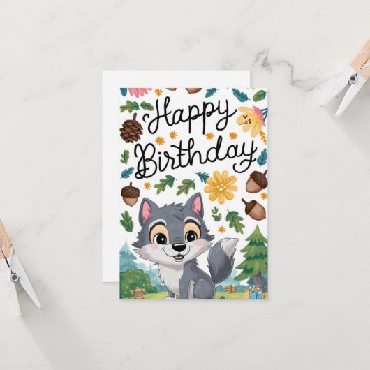 ウッズウルフかわいらしデジタル誕生日 カード (正面/裏面インサイチュ)