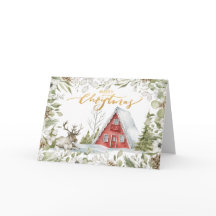 ウッズカードの居心地の良い赤いクリスマスキャビン