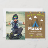 ウッズブルーキャンピング誕生日招待状ウィズ写真 招待状 (正面)