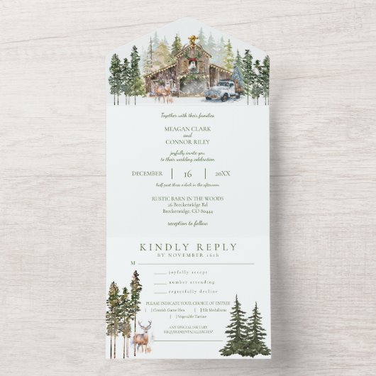 ウッズ素朴の冬の納屋が一つ結婚の州に オールインワン招待状 (内側)