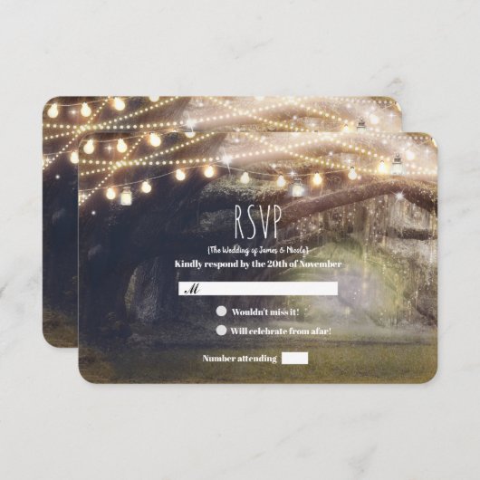 ウッズ素朴魅惑された森林照明ウェディングRSVP 出欠カード (正面/裏面)
