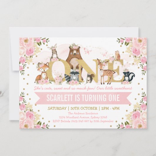 ウッドかわいらしランド動物赤面金ゴールド第1誕生日 招待状 (正面)