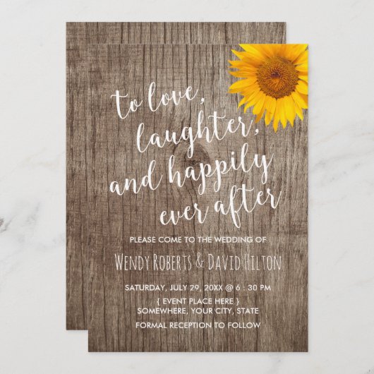 ウッドの後ずっと幸せそうに素朴ひまわり結婚を 招待状 (正面/裏面)