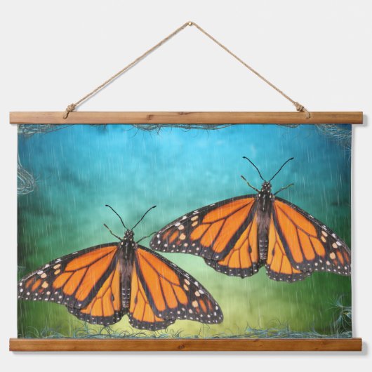 ウッドぶら下がったズタペストリーと(昆虫)オオカバマダラ、モナーク蝶 吊り下げ型タペストリー (正面)