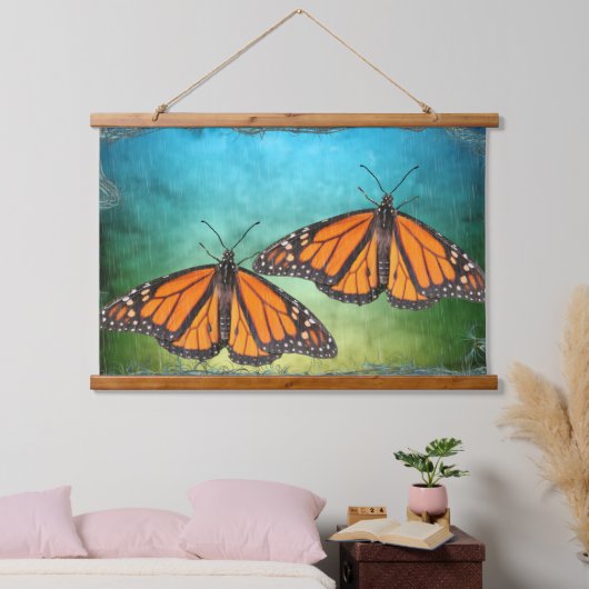 ウッドぶら下がったズタペストリーと（昆虫）オオカバマダラ、モナーク蝶 吊り下げ型タペストリー (寝室)