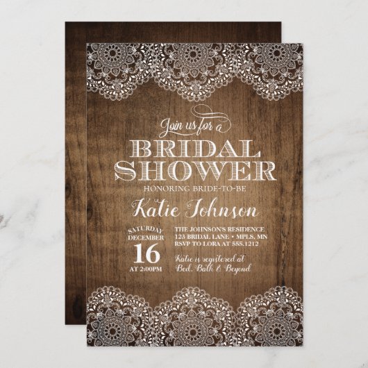 ウッドアンドレース素朴ブライダルシャワーへの招待 招待状 (正面/裏面)