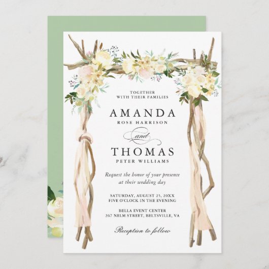 ウッドアーバーアーチアイボリーホワイト素朴フローラ結婚ズ 招待状 (正面/裏面)