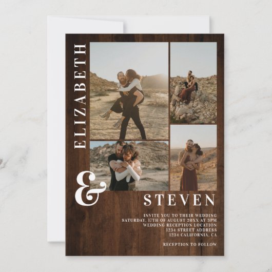 ウッドア素朴パサンドはっきりした5フォトグリッド結婚5枚 招待状 (正面)