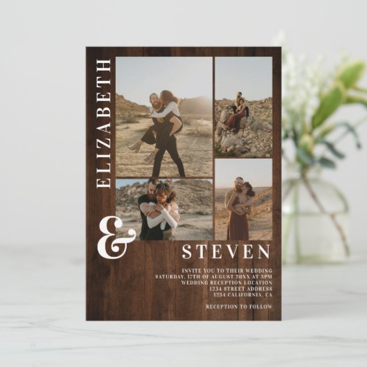 ウッドア素朴パサンドはっきりした5フォトグリッド結婚5枚 招待状 (スタンド正面)