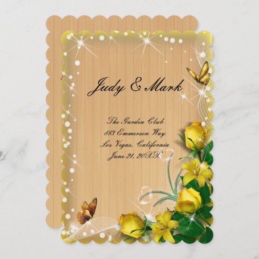 ウッドイエロー素朴フローラバタフライメニューカード 招待状 (正面/裏面)