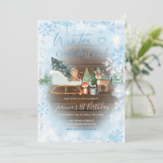 ウッドウィンターオネダーランドブルーアニマル誕生日 招待状 (スタンド正面)