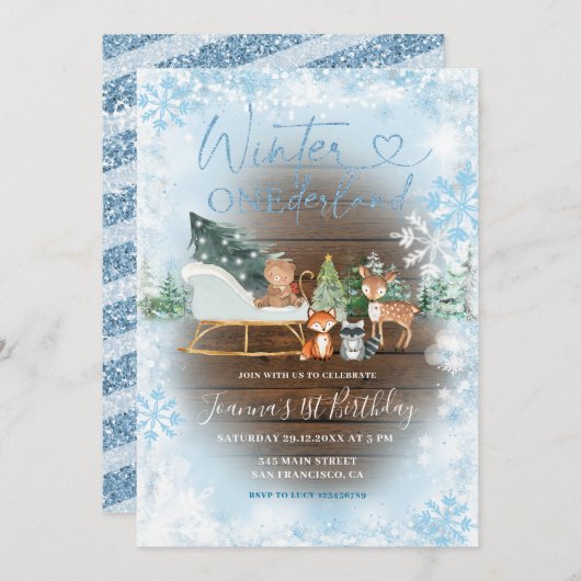 ウッドウィンターオネダーランドブルーアニマル誕生日 招待状 (正面/裏面)