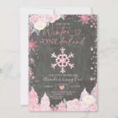 ウッドウィンターオンダーランドピンクスノーフレーク誕生日 招待状 (正面)