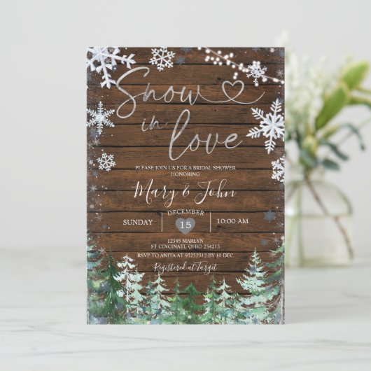 ウッドウィンタースノーインラブスノーフレークブライダルシャワー 招待状 (スタンド正面)
