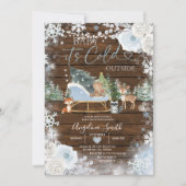 ウッドウィンターパステルブルースノーフレークベビーシャワー 招待状 (正面)