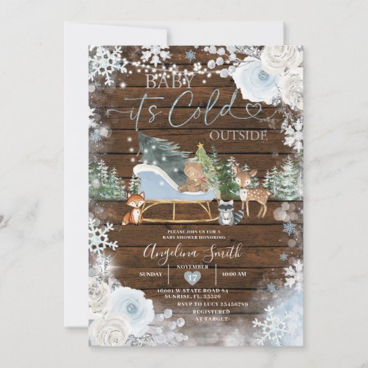 ウッドウィンターパステルブルースノーフレークベビーシャワー 招待状 (正面)