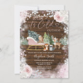 ウッドウィンターピンク雪そりの赤ちゃんシャワー 招待状 (正面)
