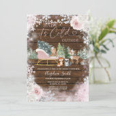 ウッドウィンターピンク雪そりの赤ちゃんシャワー 招待状 (スタンド正面)