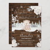 ウッドウィンターベアーオーネダーランドスノーフレーク誕生日 招待状 (正面/裏面)