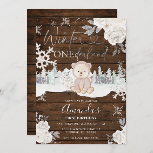 ウッドウィンターベアーオーネダーランドスノーフレーク誕生日 招待状 (正面/裏面)