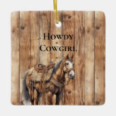 ウッドウェスタンフェイクカウボーイ女性のカーボーイホースクリスマス セラミックオーナメント (正面)