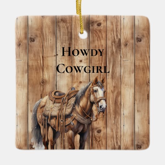 ウッドウェスタンフェイクカウボーイ女性のカーボーイホースクリスマス セラミックオーナメント (正面)