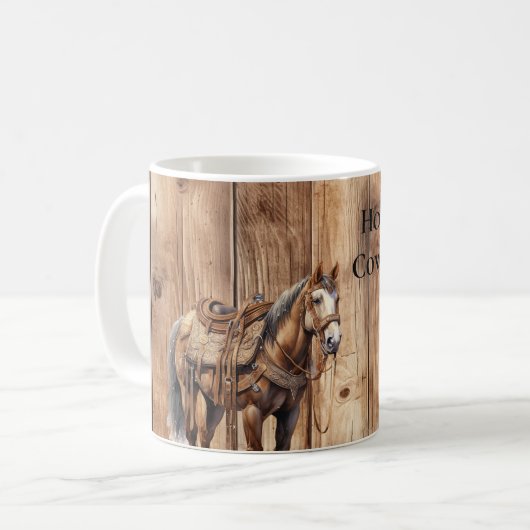 ウッドウェスタンフェイクカウボーイ女性のカーボーイホース コーヒーマグカップ (正面左)