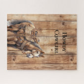 ウッドウェスタンフェイクカウボーイ女性のカーボーイホース ジグソーパズル (横)