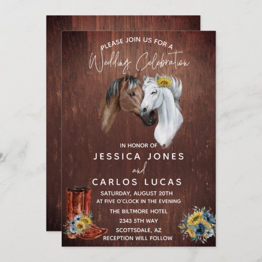 ウッドウエスタンホースブーツひまわり水彩 招待状 (正面/裏面)