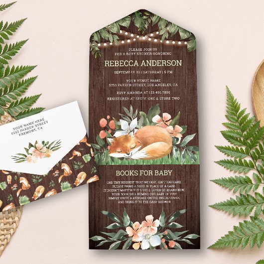 ウッドウッドランド素朴眠るキツネベビーシャワー オールインワン招待状