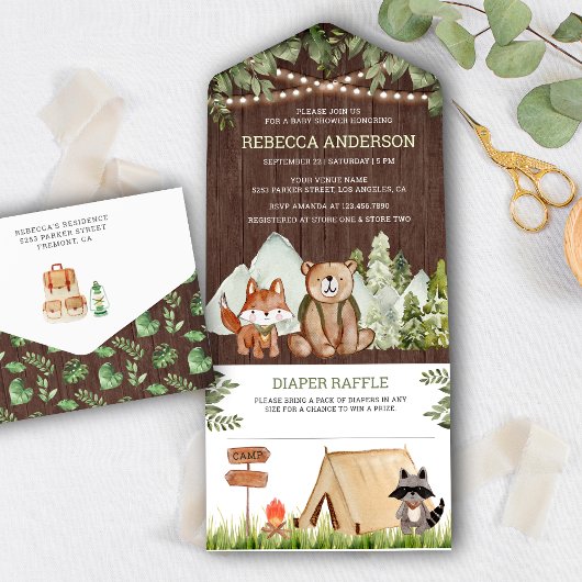 ウッドウ素朴ッドランド動物キャンピングベビーシャワー オールインワン招待状