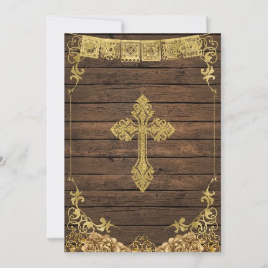 ウッドエレガントキュートガールプリメラコムニオン金ゴールドホワイト 招待状 (裏面)