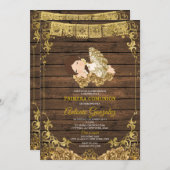 ウッドエレガントキュートガールプリメラコムニオン金ゴールドホワイト 招待状 (正面/裏面)