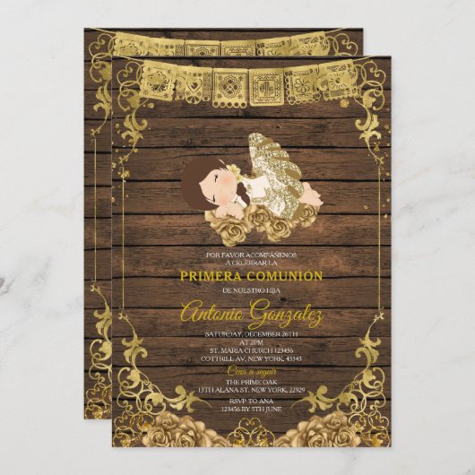 ウッドエレガントキュートガールプリメラコムニオン金ゴールドホワイト 招待状 (正面/裏面)