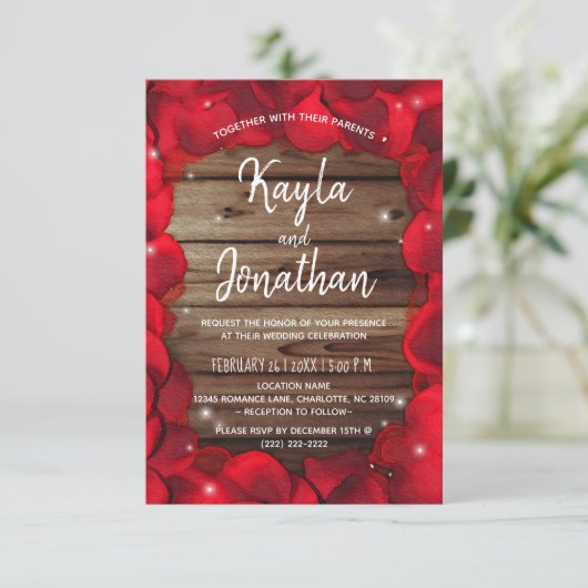 ウッドエレガントバラ花びらカントリー素朴結婚ズ 招待状 (スタンド正面)