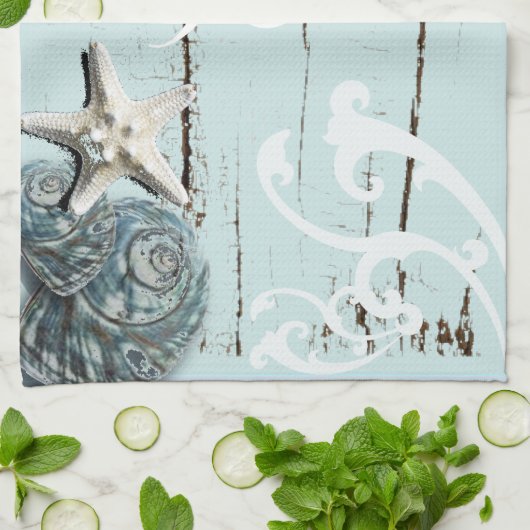 ウッドエレガントブエシーシェルビーチ結婚式 キッチンタオル (折り畳み)