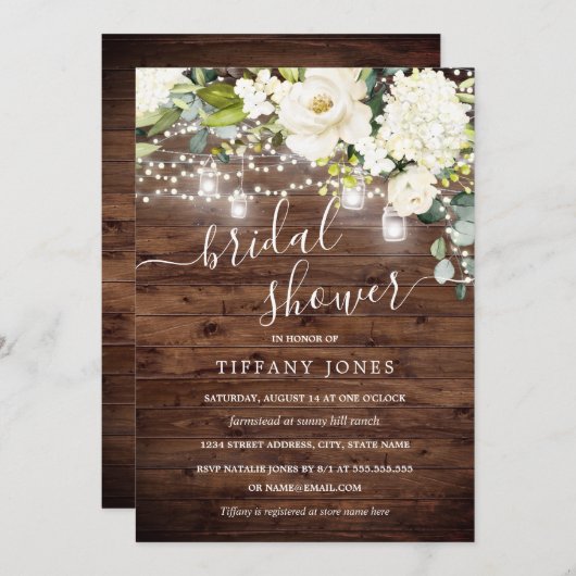 ウッドエレガント素朴シャンパンフローラブライダルシャワー 招待状 (正面/裏面)