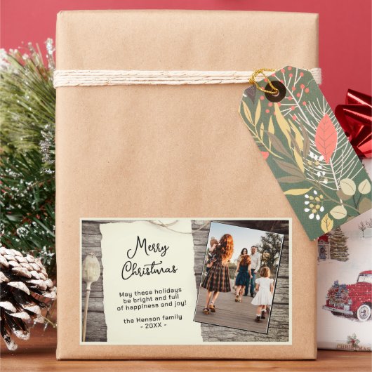 ウッドオールド素朴紙スクリプトのクリスマスフォト 長方形シール (クリスマス)