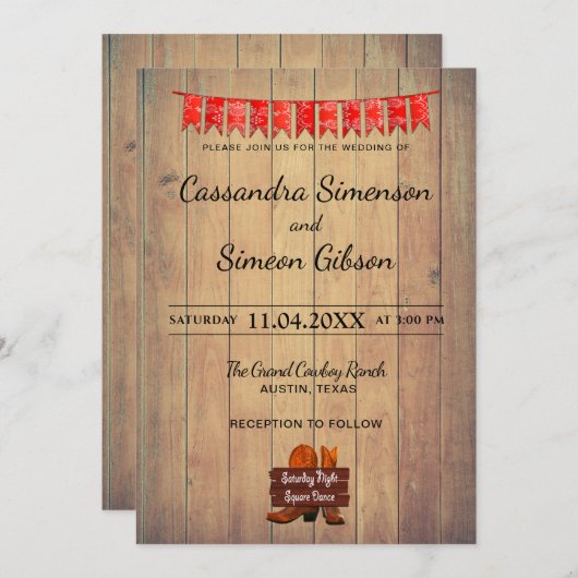 ウッドカウボーイブーツ、ダンス素朴ウェディングデー 招待状 (正面/裏面)