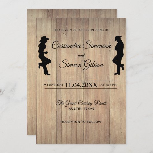 ウッドカウボーイ、女性のカーボーイ素朴結婚式 招待状 (正面/裏面)