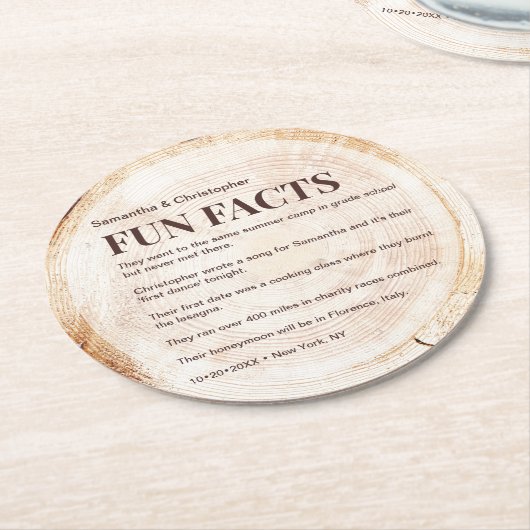 ウッドカット素朴スライスおもしろいファクトリストカスタムウェディング ラウンドペーパーコースター (アングル)